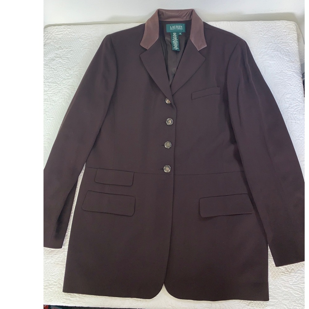 Lauren Ralph Lauren Womens Brown Wool‎ Equestrian Blazer Leather Collar Size 16